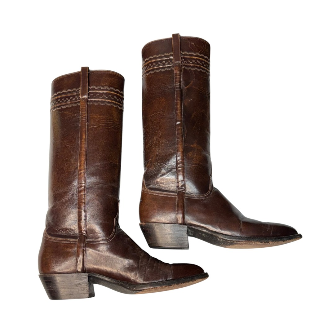 Lucchese Leather Tall Western Boots Size 9B Made in USA Vintage Riding Brown - Picture 7 of 15